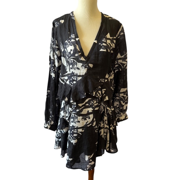 IRO PARIS ANDA PRINTED MINI DRESS RUFFLE WAIST LONG SLEEVE V NECK FEMININE 38-6 - Picture 2 of 11